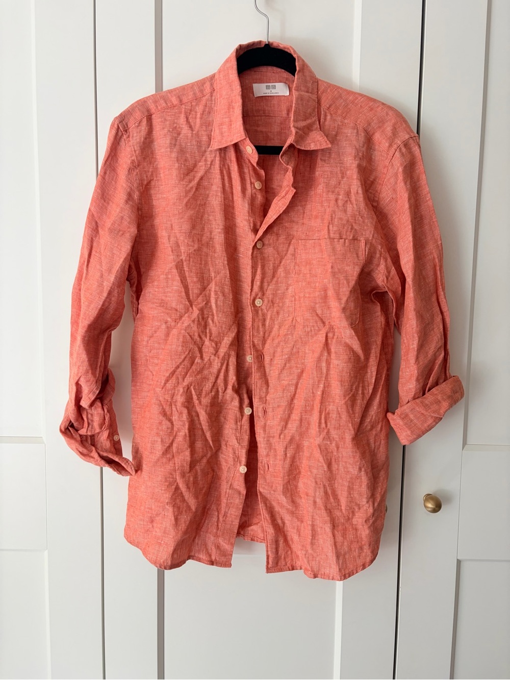 Uniqlo Men's Linen Button-Down Shirt in Coral-Orange | M